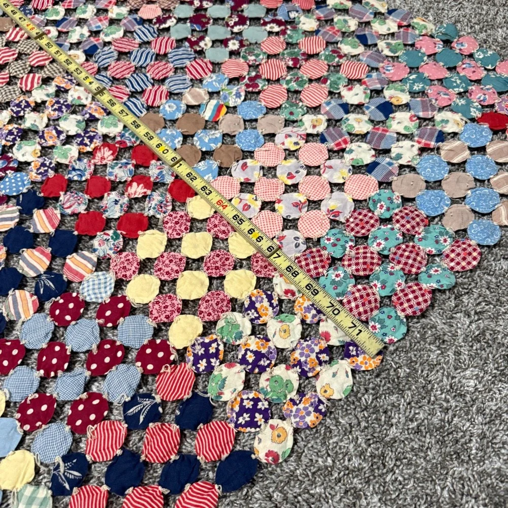 Handmade Vtg Yo-Yo Quilt Topper Throw Multi-Color Patchwork 72x34 Floral Boho